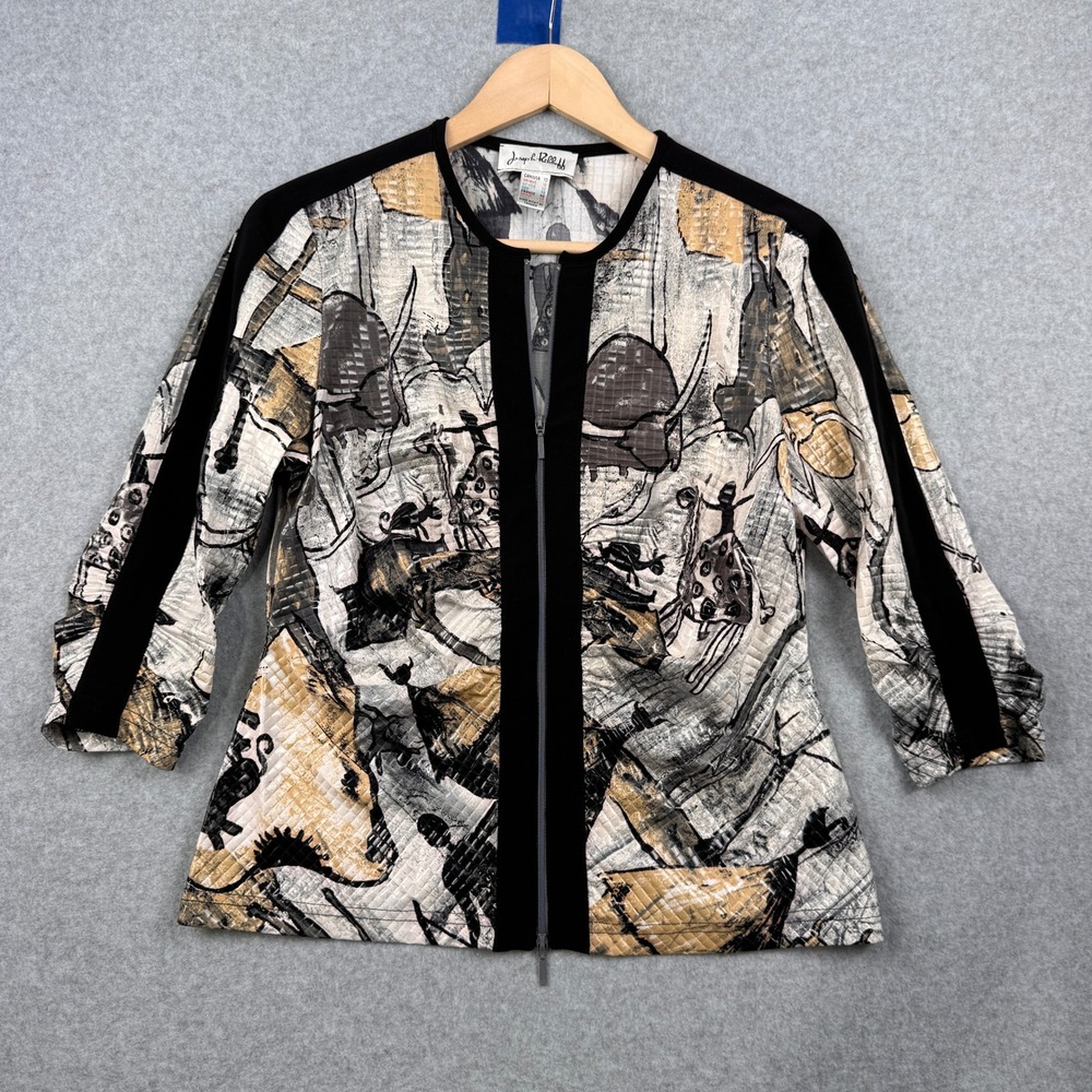 Joseph Ribkoff Jacket Womens 10 Black Tan Tribal Zip Up 3/4 Sleeve Blazer Artsy